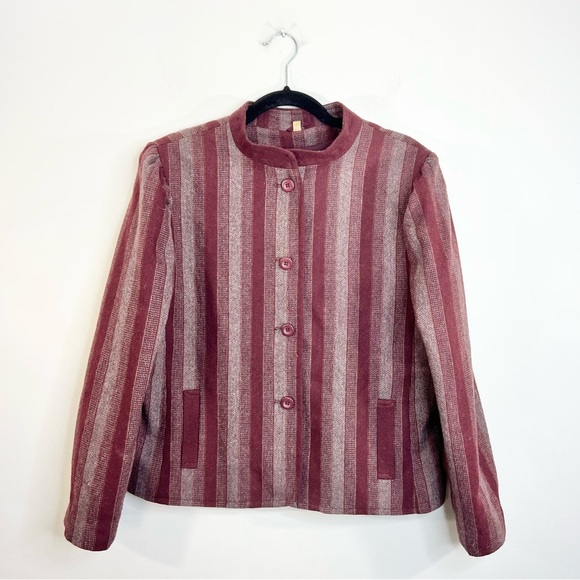 Vtg Made in England grey burgundy tweed herringbone striped cropped jacket 16 - Picture 4 of 14